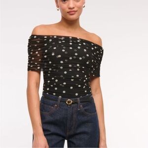 Abercrombie & Fitch Black and White Polka Dot Mesh Foldover Bodysuit | Size L